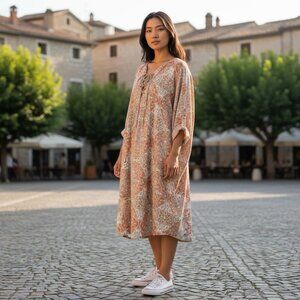 EMMA & MICHELE Womens XL V-Neck Boho Long Sleeve Dress Pockets Semi Sheer